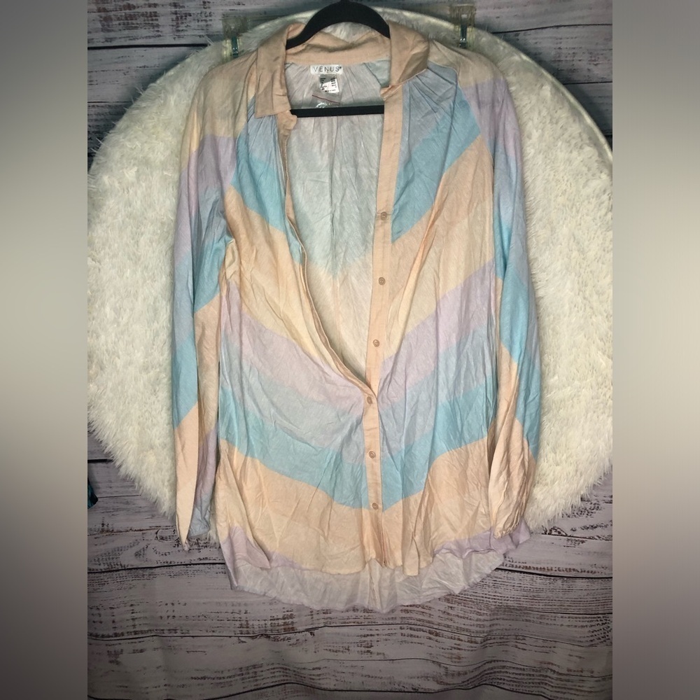 VENUS Cream Blue and Purple Linen Shirt Dress Coverup size Small NWOT - Picture 4 of 12